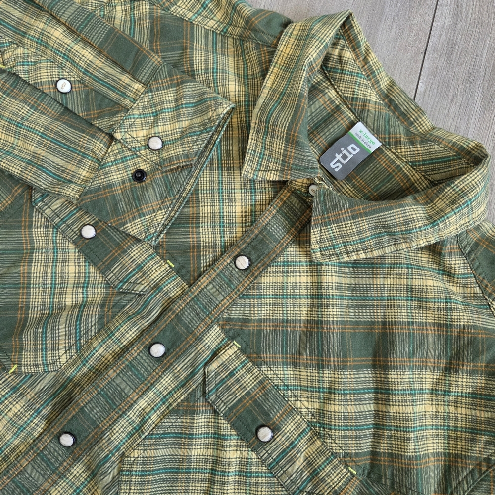 Stio Shirt Mens XL Green Plaid Cotton Hayden Pearl Snap Hiking Outdoors Work